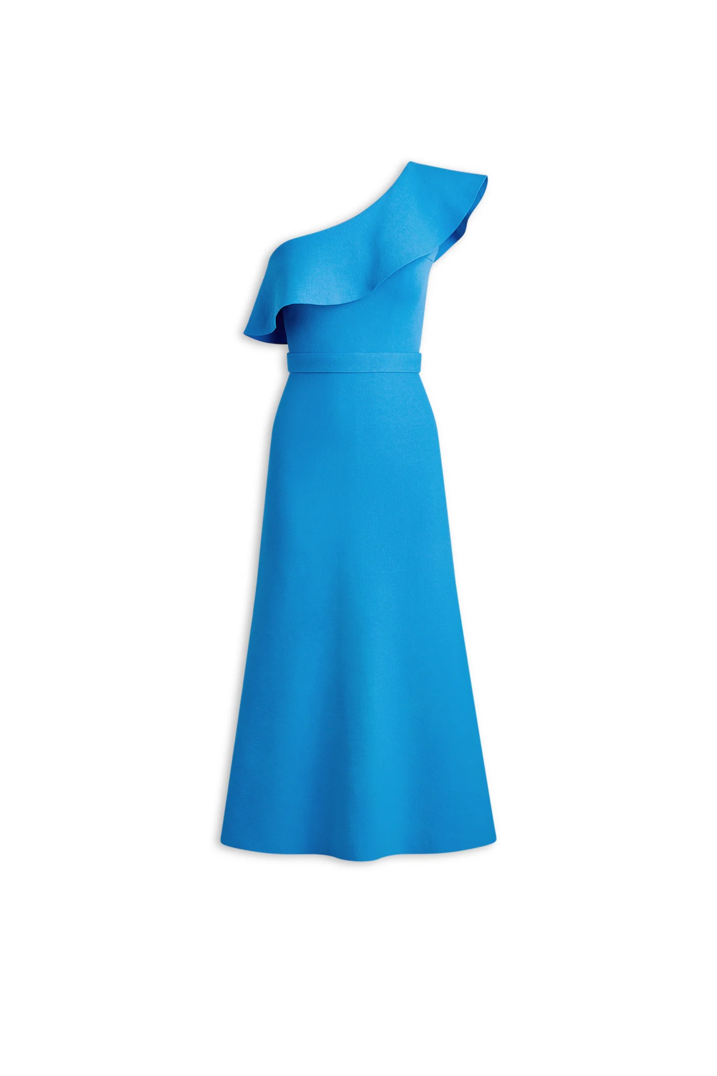 CREPE KNIT RUFFLE SHOULDER DRESS